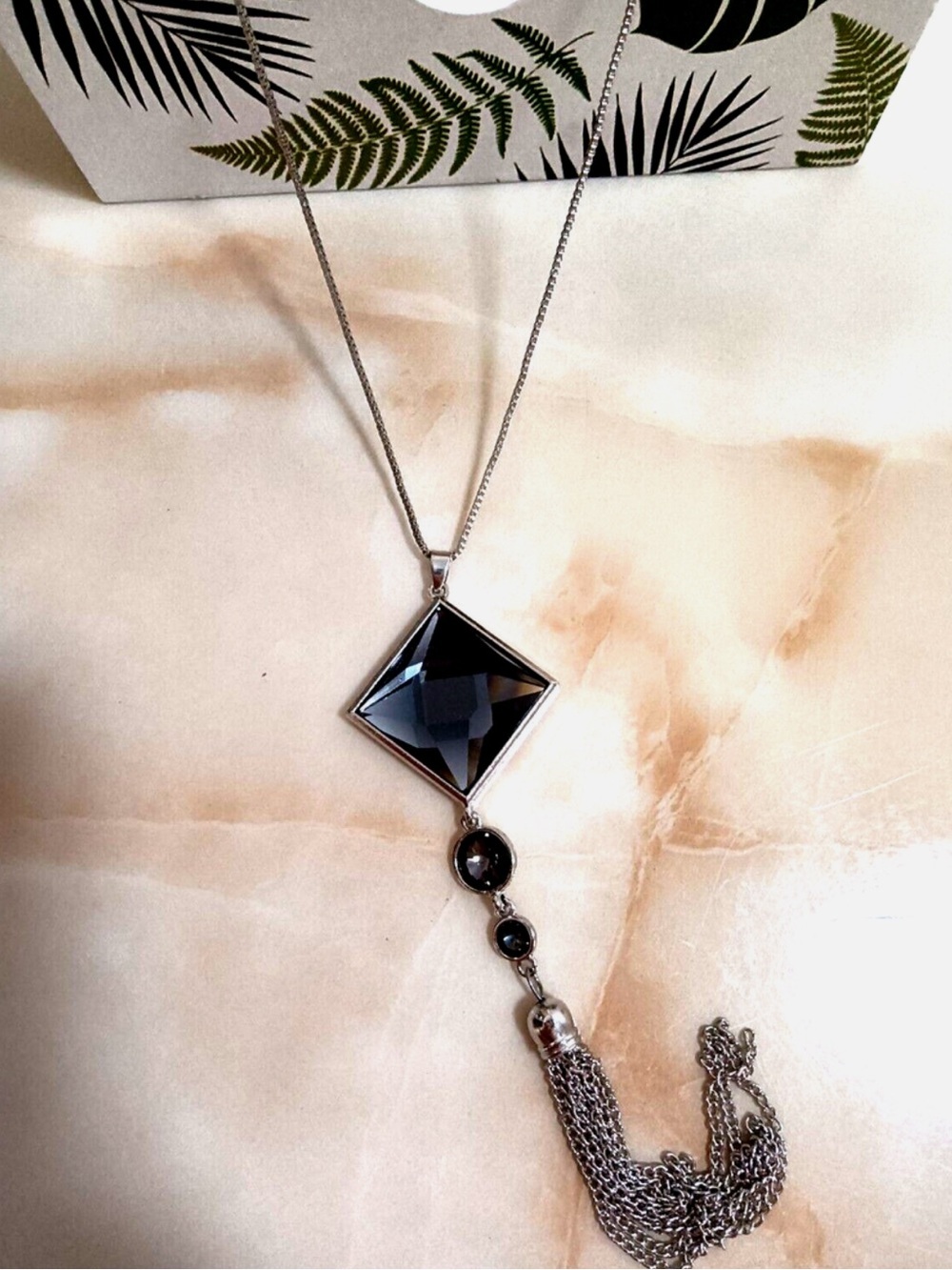 Black Crystal Square Pendant Long Necklace Sweater Chainx